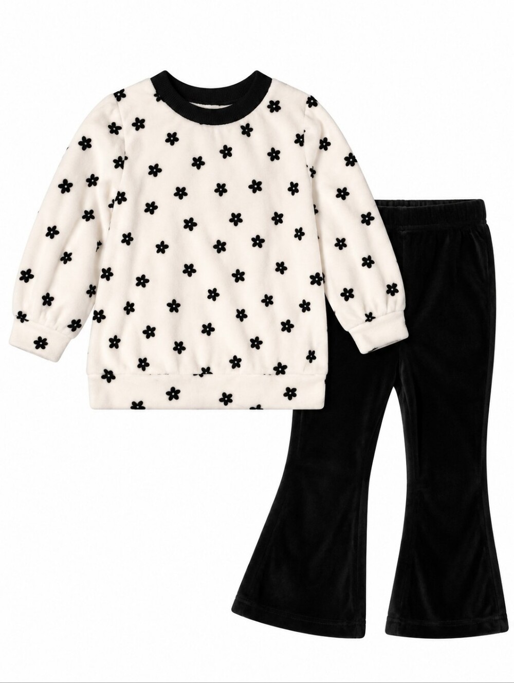 Little Lass 2 Piece Girls 18m Black & White Floral Velour Set